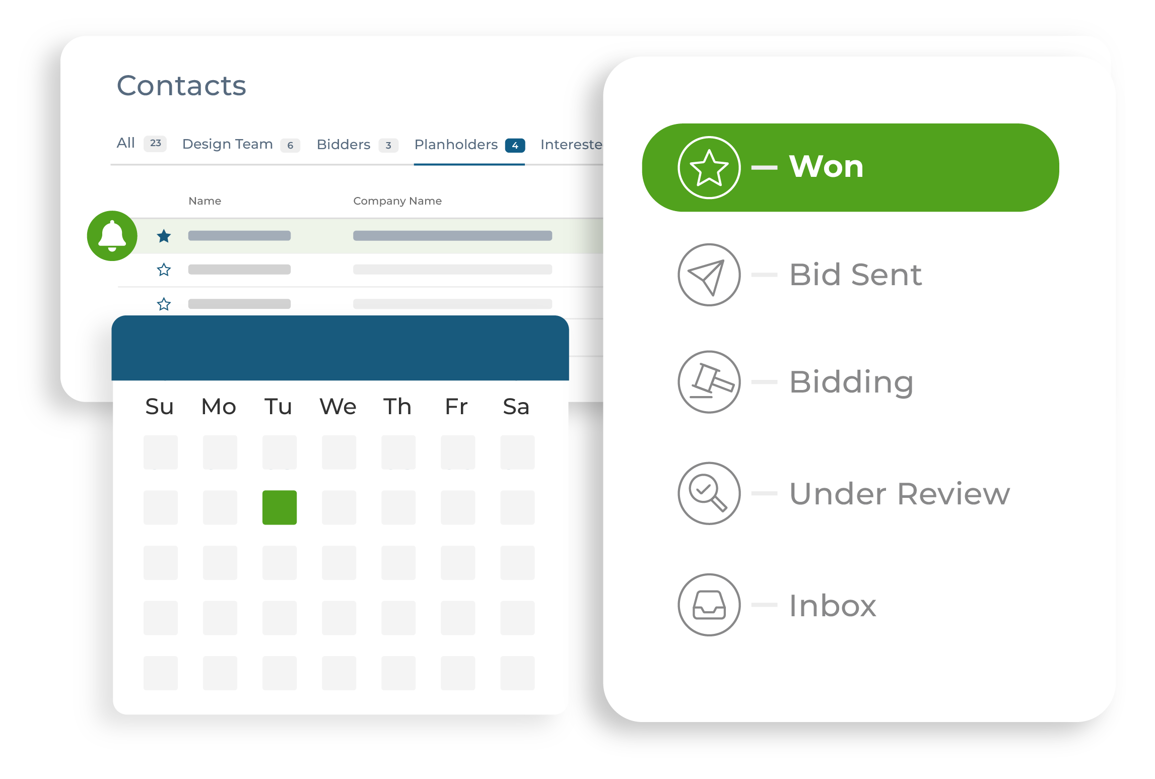 Comprehensive contact list of construction project design team, bidders, planholders, and interested parties, with calendar and bid pipeline tracking: inbox, under review, bidding, bid sent, and won projects.